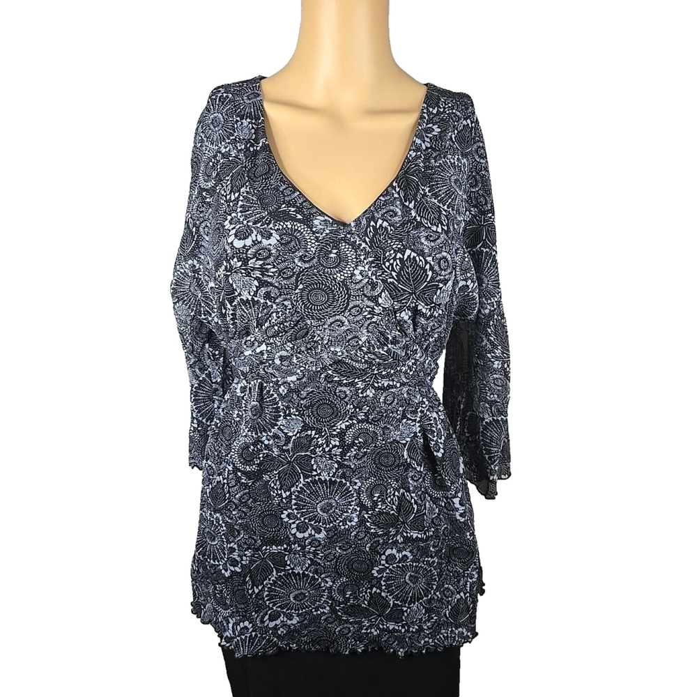 TapeMeasure Women's Black Gray Floral 3/4 Sleeve Tie Front Blouse Size Large